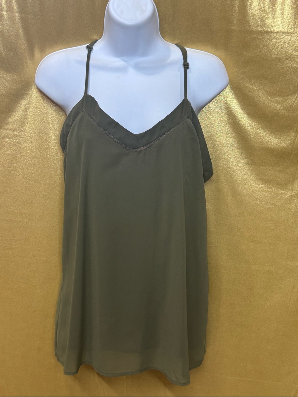 JAPNA Olive Green Layered Cami Tank Top | Sheer Mesh Trim | Size S